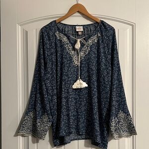 Knox Rose Embroidered Boho  Blouse Tie XXL
